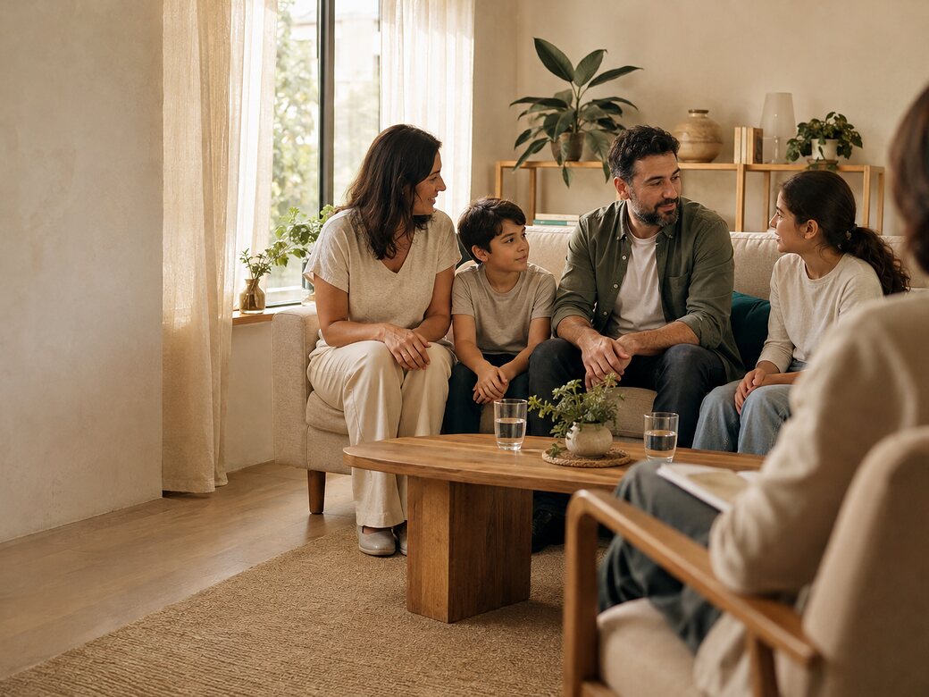 Aydınlık bir danışma odasında kanepede yan yana oturan dört kişilik aile; ön planda, sırtı dönük hâlde danışmanın koltuğu.
